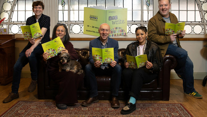 Five authors holding festival programmes