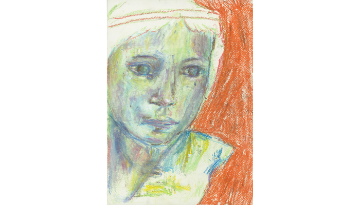 coloured pastel drawing of female head with orange background