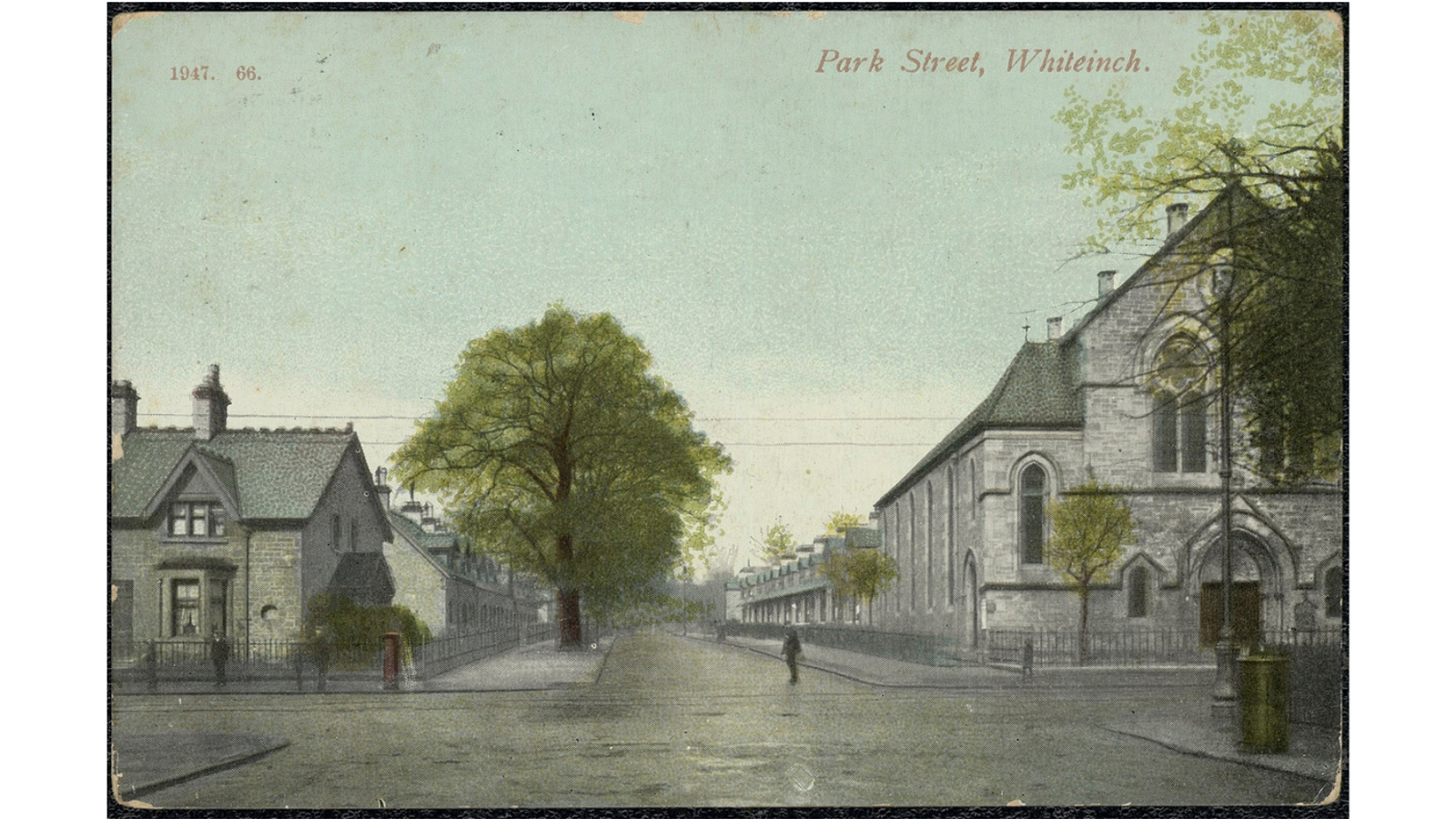 Vintage coloured postcard depicting Park Street in Whiteinch, showing a stone church on the right and a residential house next to leafy green trees on the left.
