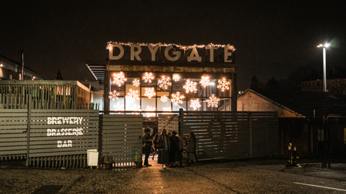 Night-time exterior of Drygate Brewery