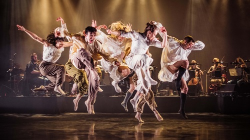 Dancers on stage. Scottish Dance Theatre perform Moving Cloud at the opening night of Celtic Connections festival, 2023.