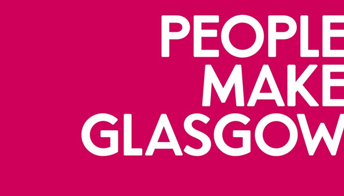 A logo with rubine background and white text reads PEOPLE MAKE GLASGOW