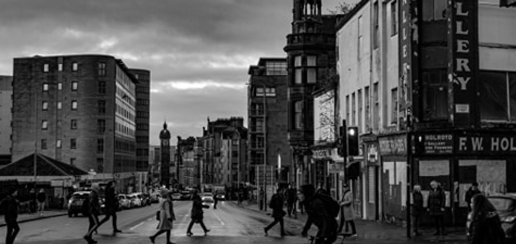 Lachlan Mckechnie: High Street, morning commute, seeing down to Trongate