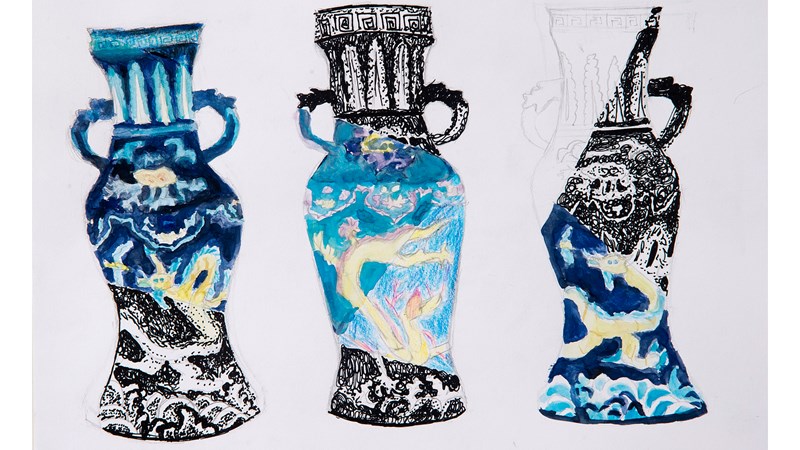 Coloured pencil drawing of three colourful vases