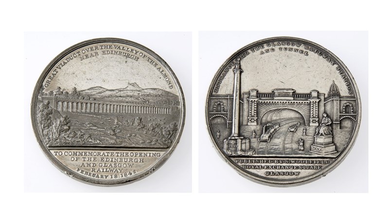 two sides of a coin, both showing low relief impressions of elaborate buildings.