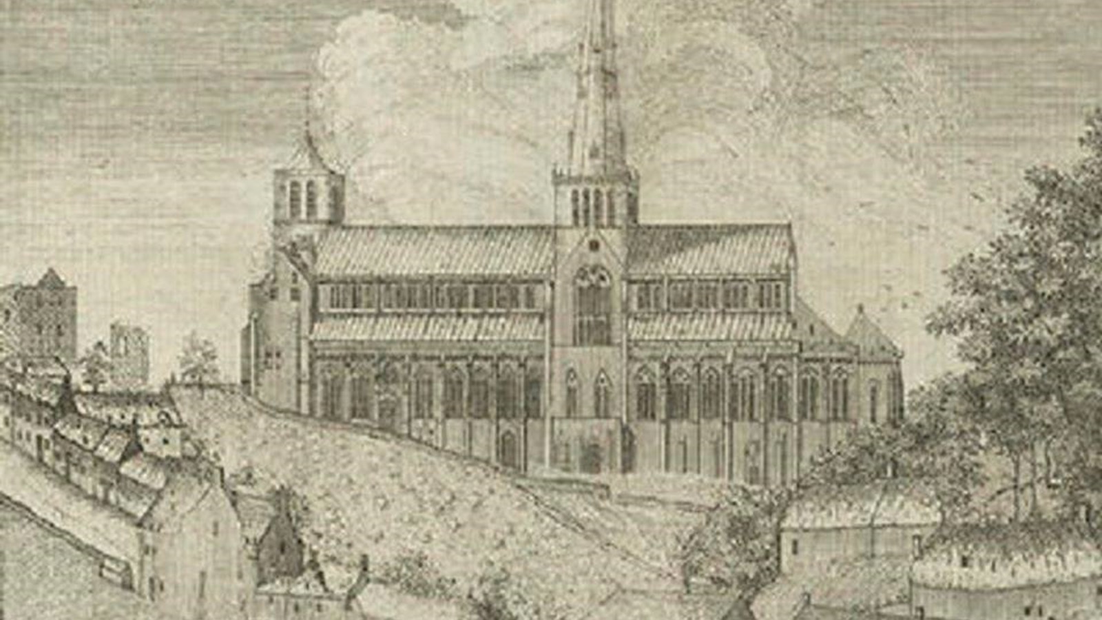 A drawing of a catherdral with a large steeple and clouds in the background. In front are many houses and trees.
