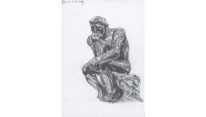 black and white pencil drawing of male figurative statue