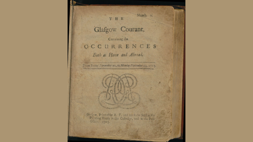 Front cover of a newspaper from 1715. The title is The Glasgow Courant containing the occurrences both at home and abroad. There is a printer's device in the centre, depicting the initials DG