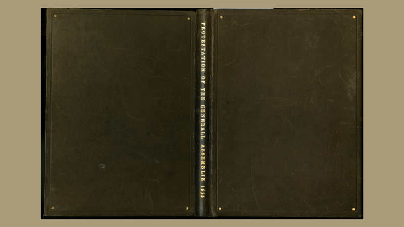 Dark brown leather book binding, with decorations in gold.