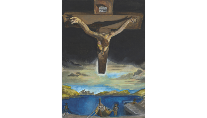 painting of male figure on cross suspended in air, with sea and boats below