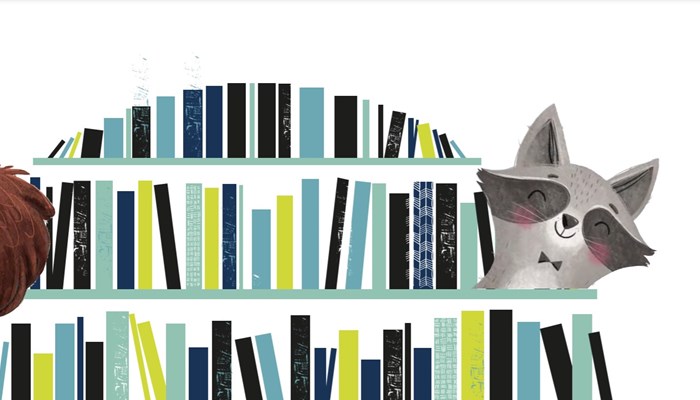 Illustrated raccoon peeking out of library books 