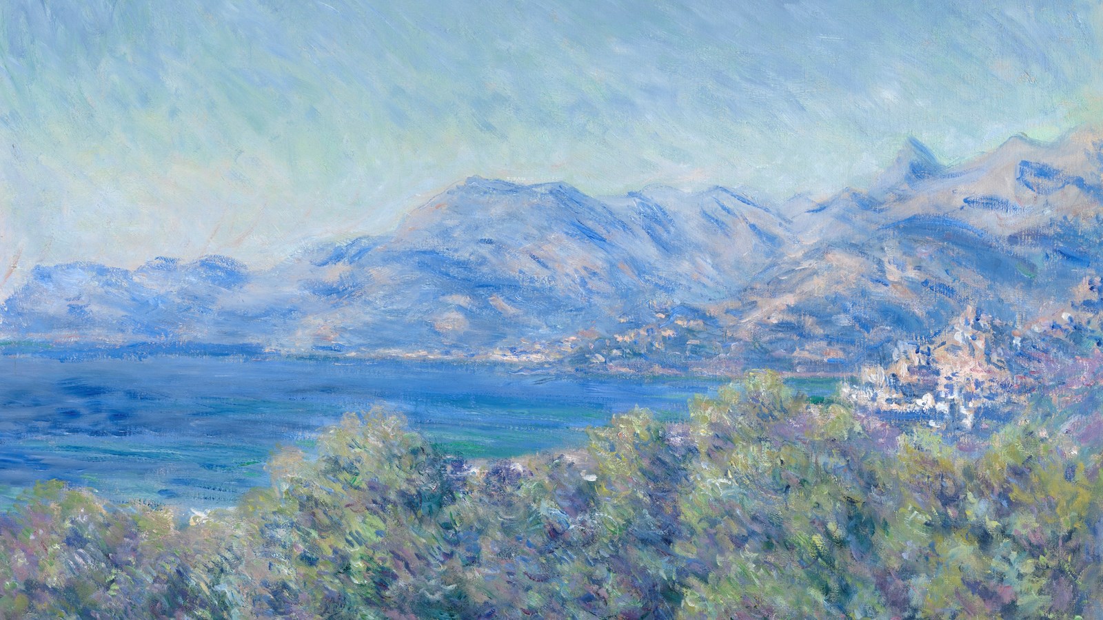 a painting of a Riviera scene showing the rolling foothills along the waterfront from a wooded hilltop. The sky is blue and the sun is casting shadows across the hills.