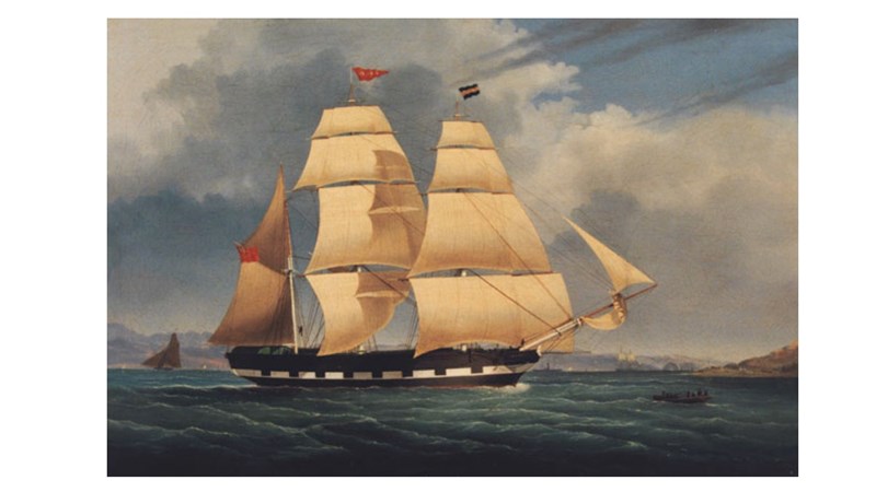a nautical painting of a large 3 masted black and white sailing ship with sails in full bloom