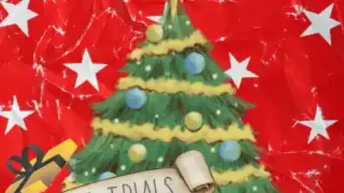 Illustration of a Christmas tree with text that reads: A Christmas escape room - Elf Trials