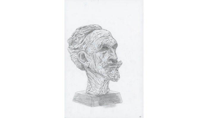 drawing of statue showing head of male with moustache