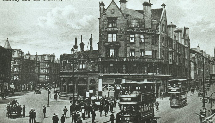 Postcard view of railway and car stations at Anderston Cross