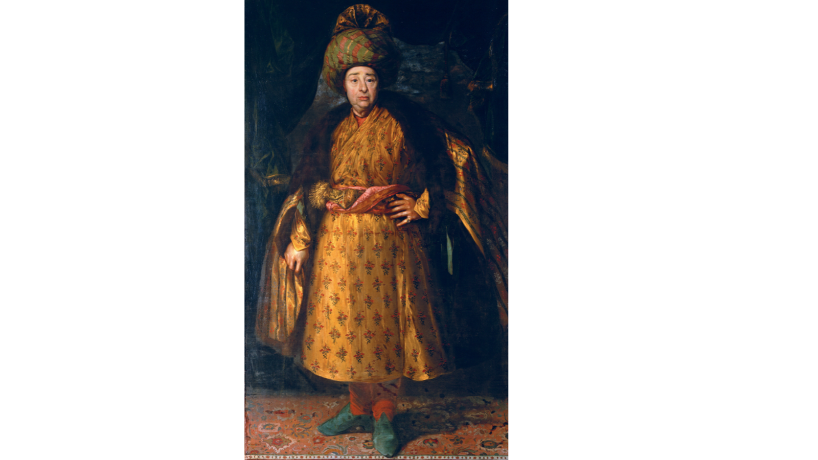 Portrait of 17th-century French traveller and gem merchant Jean-Baptiste Tavernier, painted by Nicolas de Largillière. He stands against a dark background wearing rich Oriental dress, including a large striped turban, a fur-trimmed cape, a patterned yellow-gold robe tied with a sash, and green pointed shoes resting on an ornate carpet.