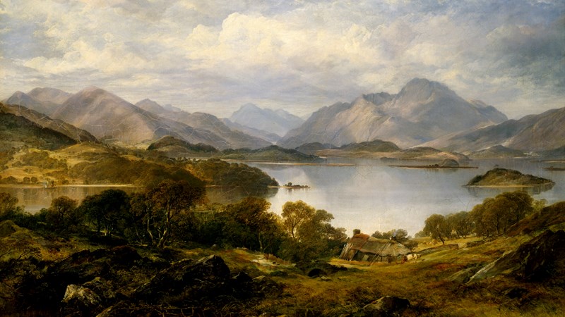 a landscape painting showing a loch and some mountains and the land around them under a cloudy sky.