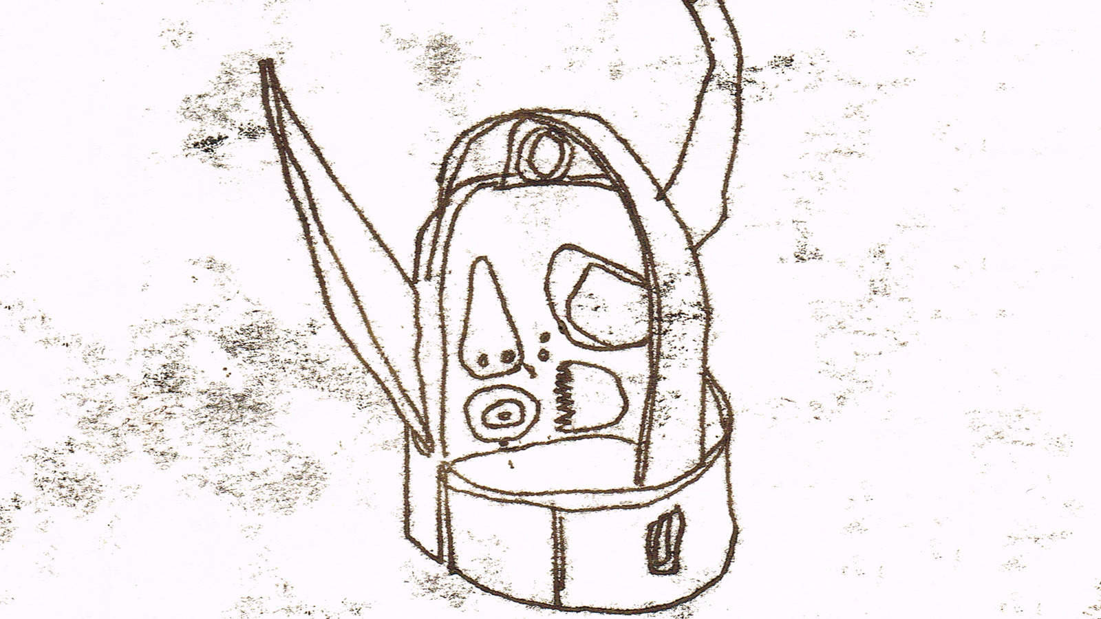 black ink monoprint line drawing of a punishment mask, drawn from the viewpoint where you can see the breathing holes in the nose and mouth, but also the jagged grips designed to hold the mask in place.