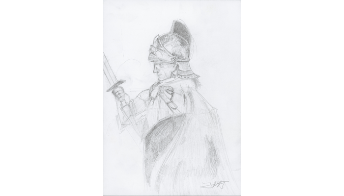 pencil drawing of man in armour wearing helmet and cloak and holding sword