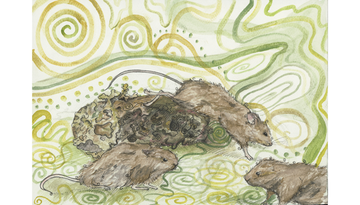 painting of group of mice with abstract green background pattern 