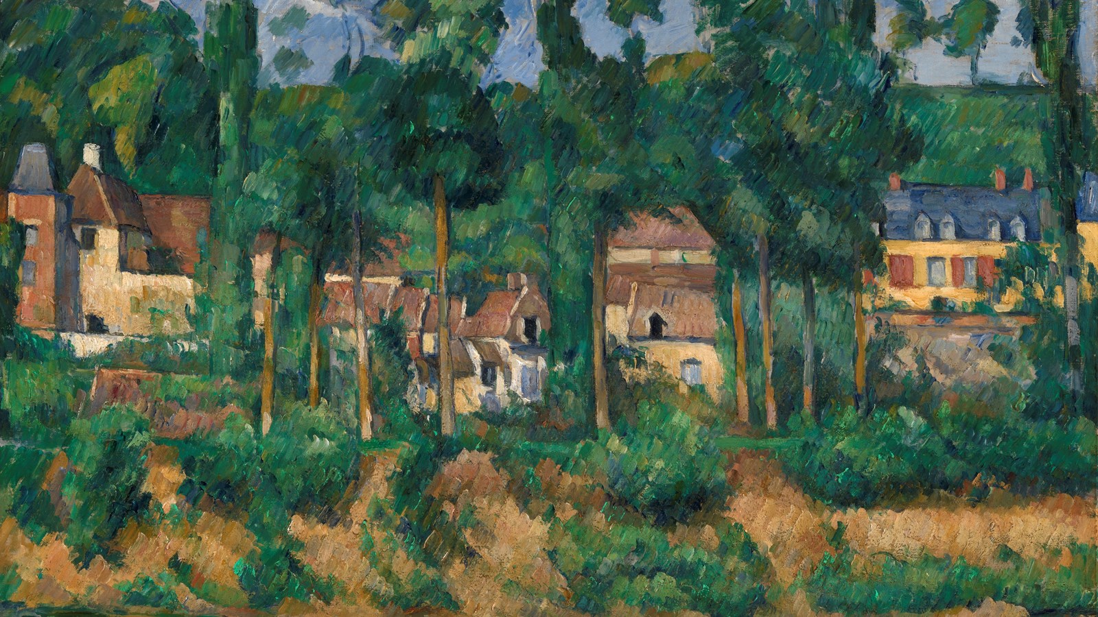 a painting of a riverside scene with tall trees, water, bushes and some red roofed houses in the background.