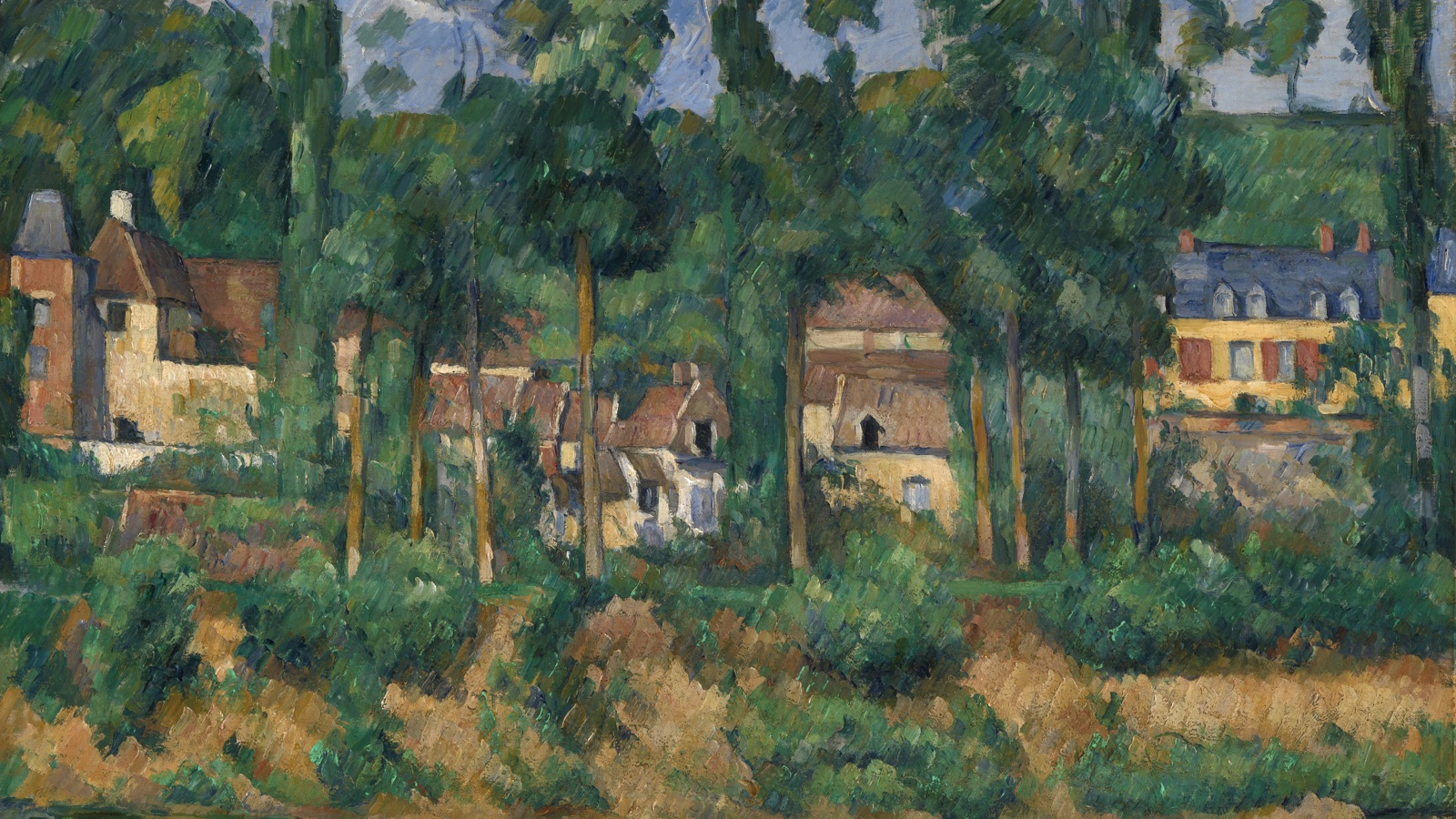 a painting of a riverside scene with tall trees, water, bushes and some red roofed houses in the background.