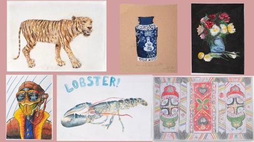A collage of artworks created by young people including a colour drawing of a tiger, a pilot in a flying mask and a lobster