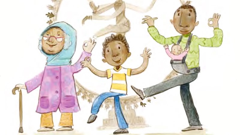 Picture shows an illustration of a multi-generational family dancing together.