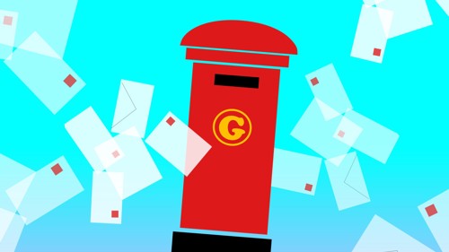 An illustration of a pillar box surrounded by letters