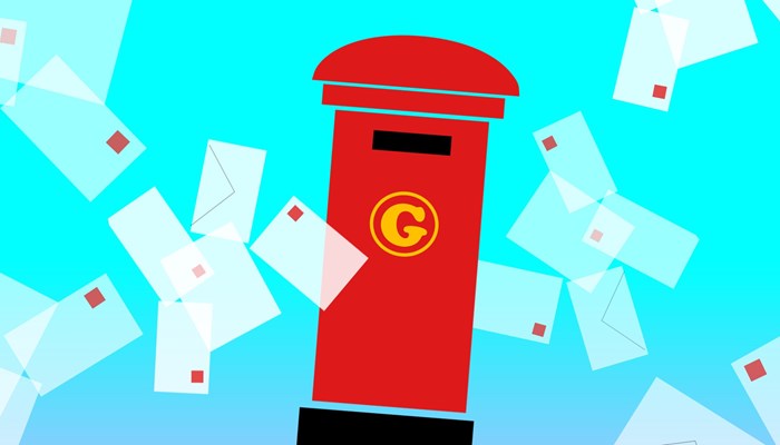 An illustration of a pillar box surrounded by letters 