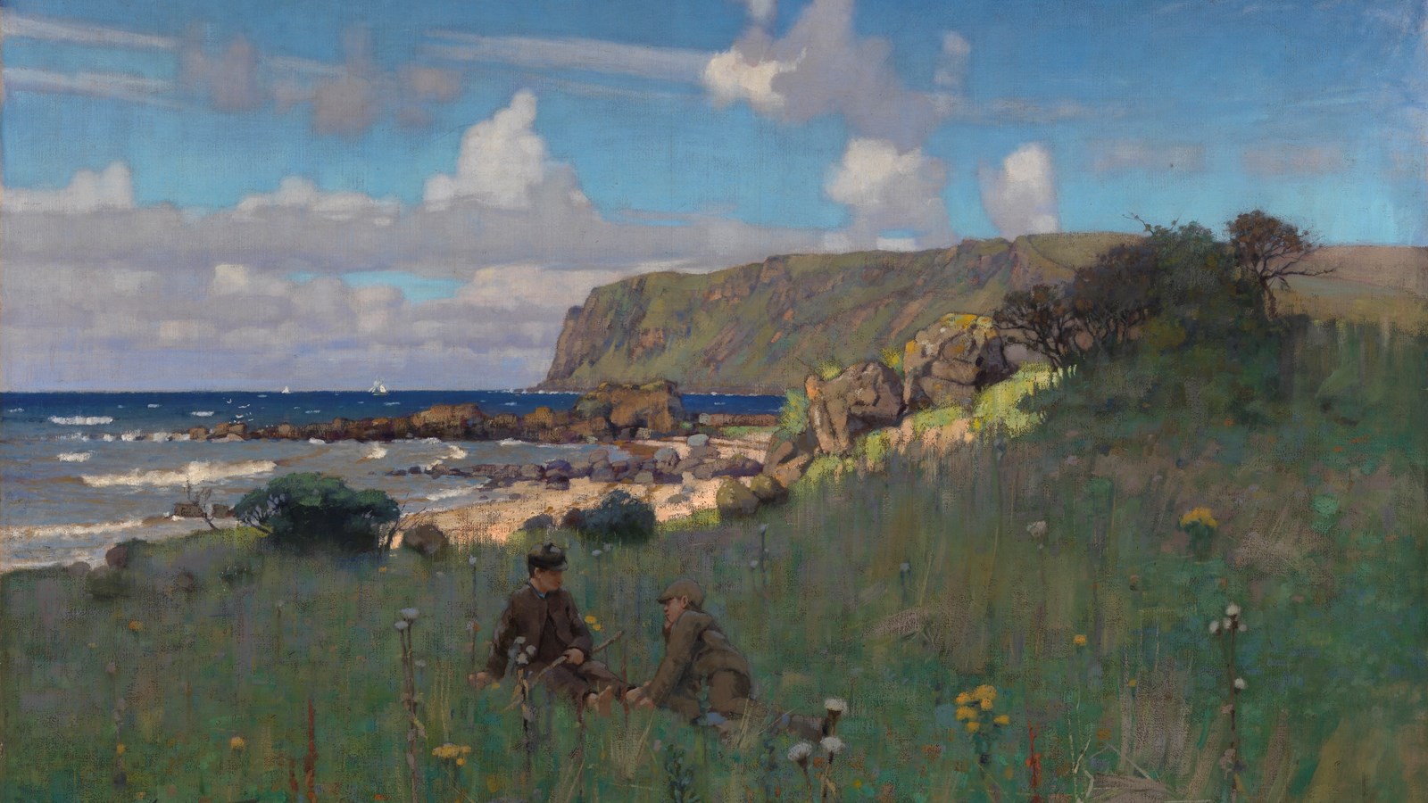 a painting showing two children sitting in the grass in a large bay with hills to the rear and sea and sky to the top and left.