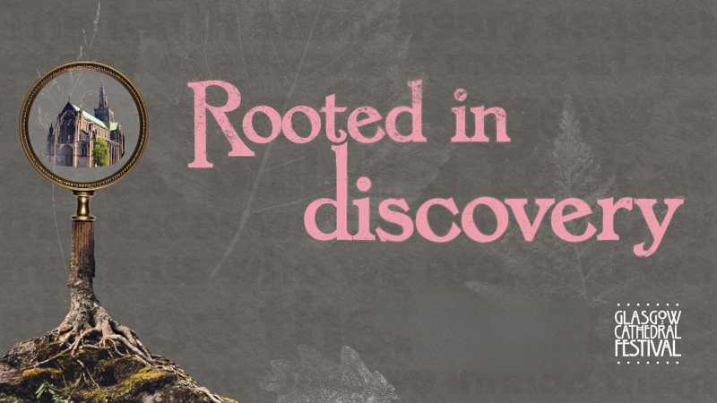 The words 'Rooted in Discovery' in pink font overlaying a grey background with a treetrunk and a magnifying glass.