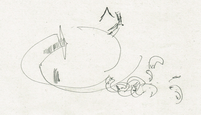 line drawing in graphite pencil of a set of branks or witches or scolds bridle - these were instruments of torture. The drawing was made from memory and done with the eyes shut, so is a number of abstract lines.