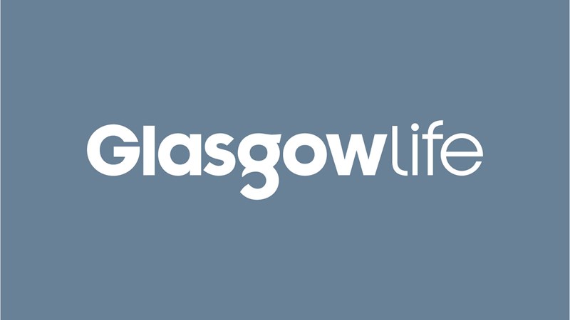 Branded slate grey box with 'Glasgow Life' in the middle in white lettering.