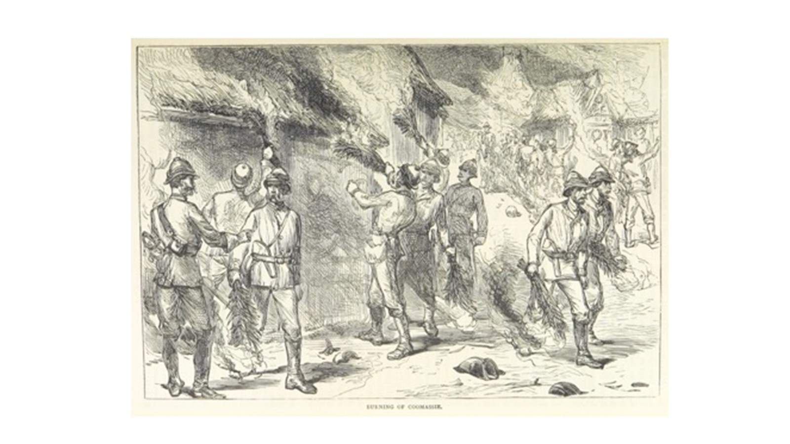 a pencil sketch of a group of people who appear to be soldiers among some thatched roof huts.