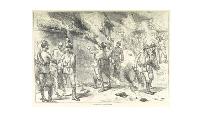 a pencil sketch of a group of people who appear to be soldiers among some thatched roof huts.