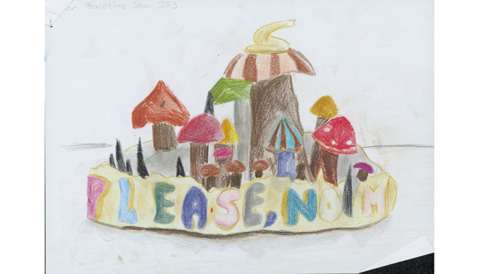 colourful drawing of small sculpture with toadstools