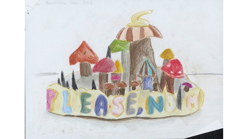 colourful drawing of small sculpture with toadstools