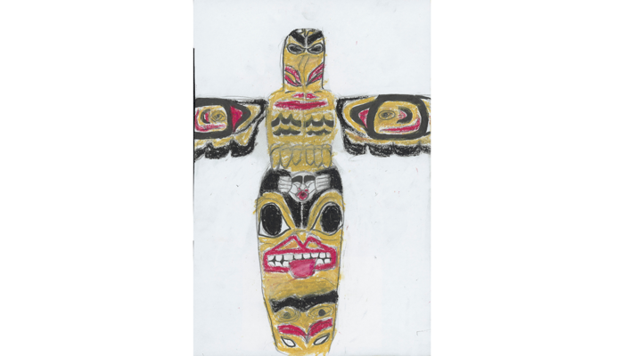 coloured drawing of totem pole with bird's head