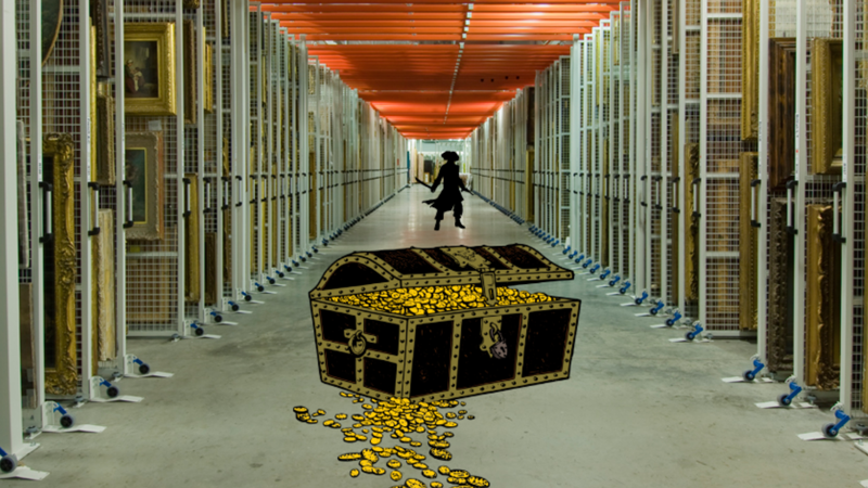 A black and gold treasure chest with gold coins in the hallway of the Glasgow Museum Resource Centre, there is also a shadow outline of a pirate.