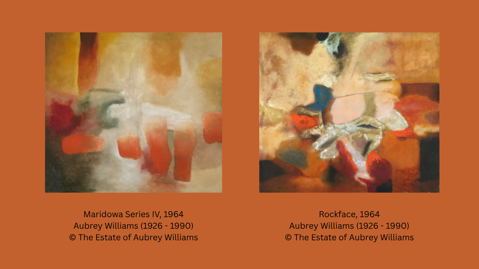 Two abstract paintings by Aubrey Williams, Maridowa Series IV (1964) and Rockface (1964), displayed side by side.