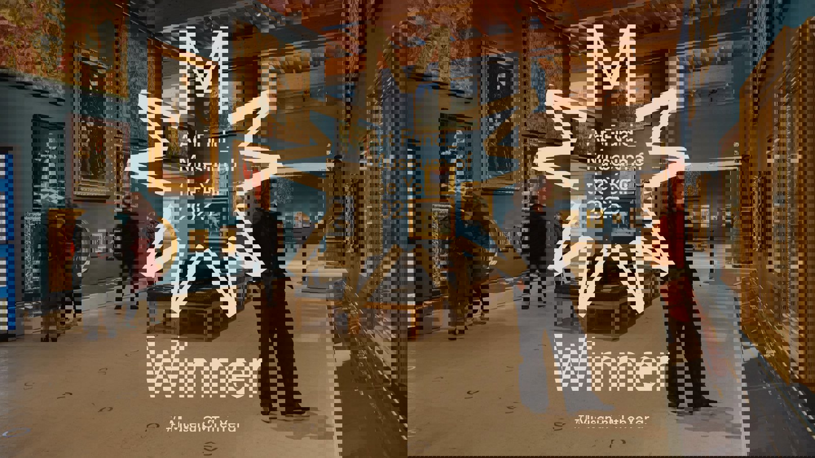 Inside The Burrell Collection in Glasgow with the Art Fund Museum of the Year logo in the middle of the image.