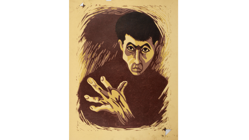 etched drawing of man with black hair on brown background.