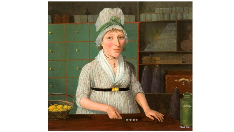 a painting of a person in a green shop behind the counter