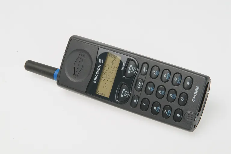 a photo showing a bulky mobile handset with an aerial protruding from the top and a large keypad