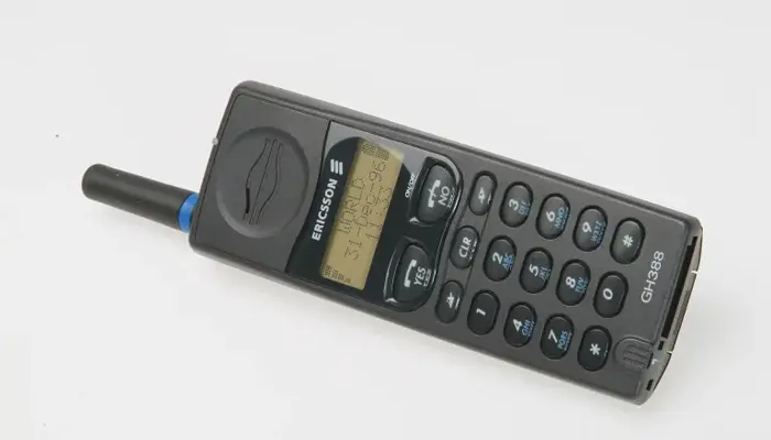 a photo showing a bulky mobile handset with an aerial protruding from the top and a large keypad