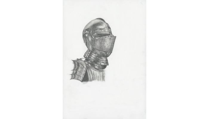 drawing of suit of armour helmet and shoulder plates