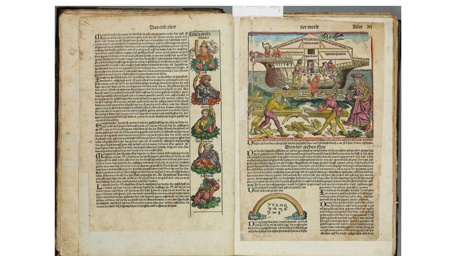 An open two-page spread of an early printed book featuring German text alongside woodcut illustrations depicting Noah’s Ark and biblical genealogical figures.