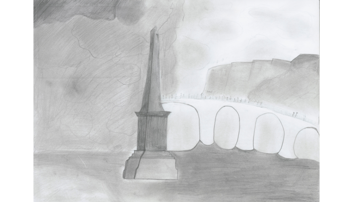 pencil drawing of monument with bridge in background